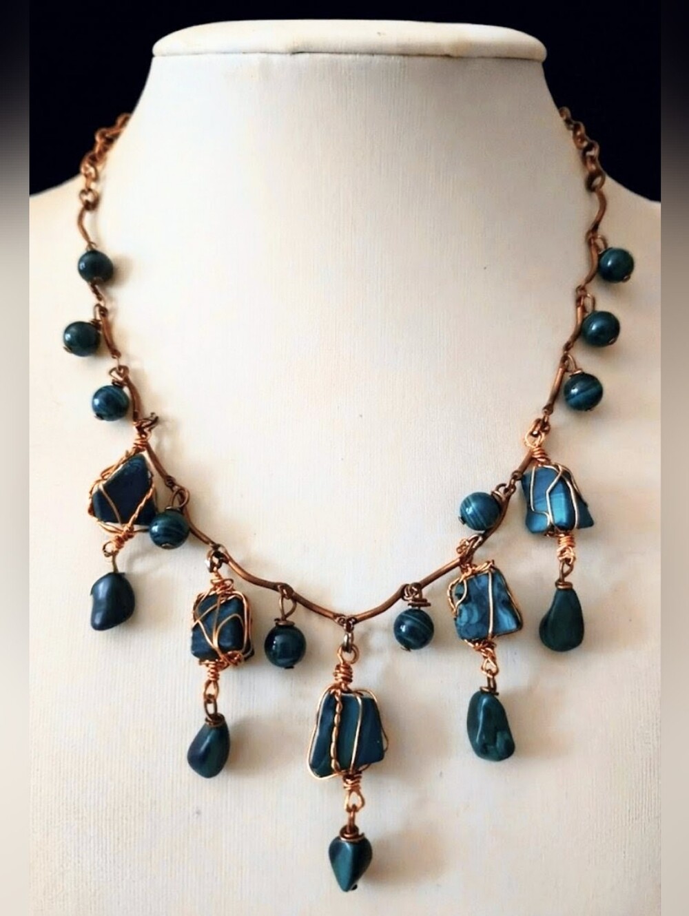 One Of A Kind Handmade Genuine Green Malachite Antique Copper Artisan Necklace